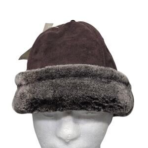 Charter Club Faux Shearling Hat Brown Gray Lined Cuff Beanie Winter OS